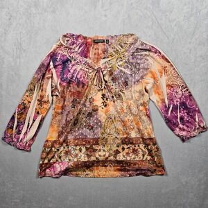 Vintage Notations Blouse Womens Medium Multi Color Boho Paisley Tie Neck Top